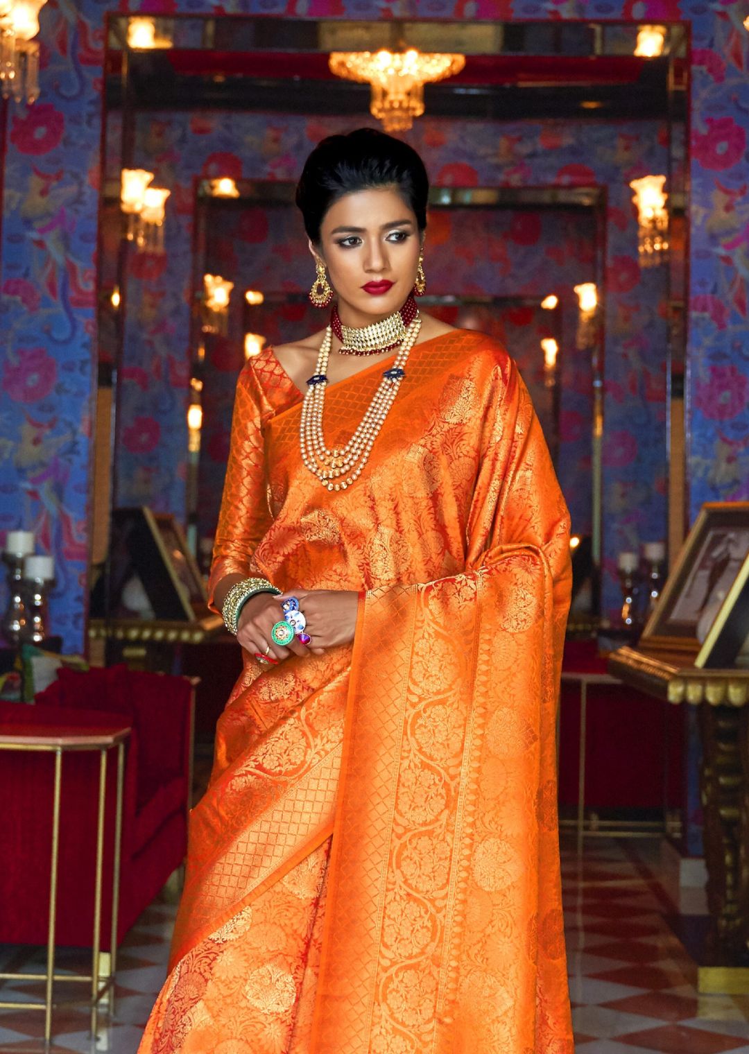 Shop Orange Kanjeevaram Silk Weaving Work Saree Festive Wear Online at Best  Price | Cbazaar